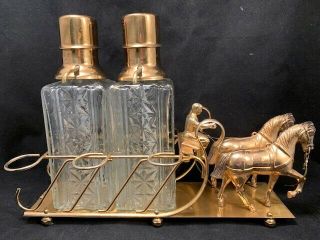 Vintage Mid Century Liquor Decanter Set Metal Horse Wagon Madmen Tantalus Like