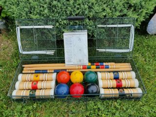 Vintage Sportcraft Croquet Set W/ Metal Carry Case Directions 6 Players Complete