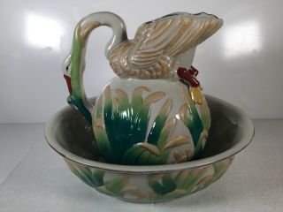 Antique Large Figural Swan Goose In Reeds Water Pitcher And Wash Basin Bowl