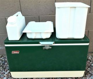 Vintage Coleman Cooler,  3 Inserts Green Metal Ice Chest Camping Picnic Retro