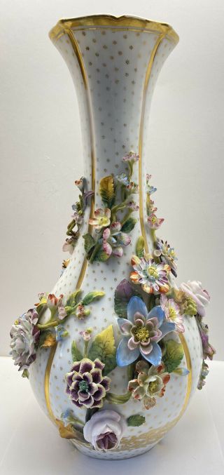 Vintage Antique Large Dresden Vase Applied Flowers Gold Trim 15.  5”