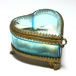 Antique French Gilt Ormolu Jewelry Casket Ring Box Beveled Blue Glass Heart