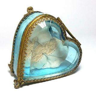 Antique FRENCH Gilt ORMOLU Jewelry Casket Ring Box Beveled BLUE Glass Heart 2