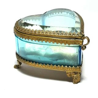 Antique FRENCH Gilt ORMOLU Jewelry Casket Ring Box Beveled BLUE Glass Heart 3