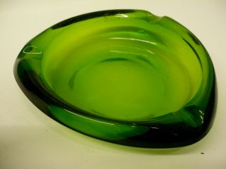 Vintage Mcm Heavy Chunky Green Glass Ashtray Ovoid 3 Sided Shape 8 " Wide