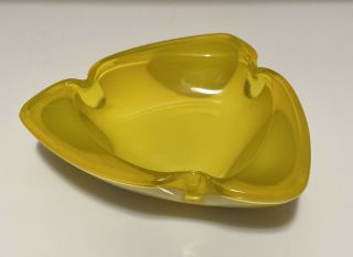 Vintage Sasaki Glass Yellow Biomorphic Ashtray Milk Glass Layers Mcm 1960s