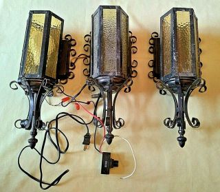 Set Of 3 Old Spanish Revival Wrought Iron Scroll Amber Glass Wall Sconce Gothic