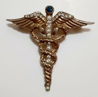 Vintage Trifari Wwii Medical Corps Caduceus Sterling,  Rhinestone,  Blue Stone Pin