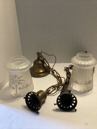 2 Vintage Antique Glass Ceiling Light Lamp Fixture Porch Hall Brass Pendants Set