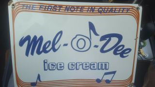 Vintage Mel - O - Dee Ice Cream Sign Porcelain Rare Old Metal Advertising Sign 1950s