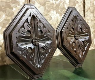 Pair Rosette Flower Wood Carving Panel Antique French Architectural Salvage