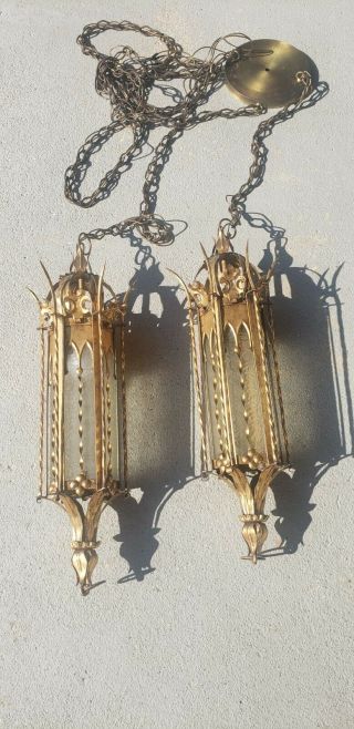 Vintage Scrolled Metal Spanish Revival Gothic Glass Lantern Pendant Lights,  Pair