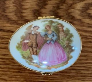 Limoges Egg - Shaped Trinket Box With Hinge With Romantic Couple On Top