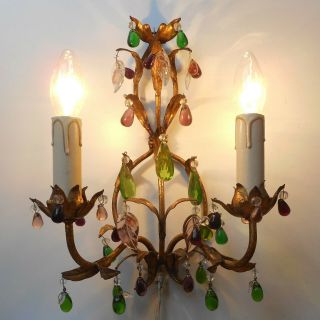 Vintage Italian Gilt Tole Wall Lamp Sconce Light Multicolored Drops Antique