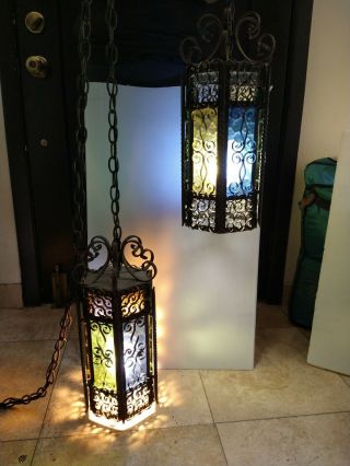 Vintage Spanish Wrought Iron Colored Glass Panels Gothic Swag Hanging Lamps