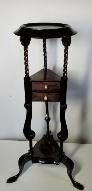 Unique Antique Vintage Cherry Wood 2 - Tier Plant Stand,  Two Drawers,  Handmade