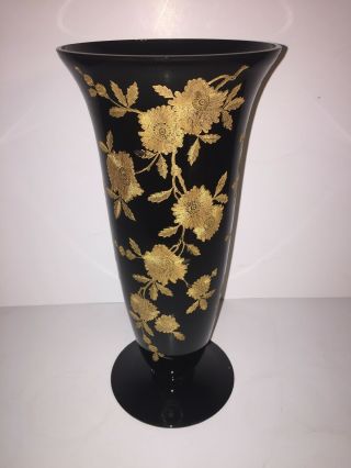 Vintage Cambridge Glass Blossom Time Black / Ebony 10 3/4 " Vase Gold Encrusted