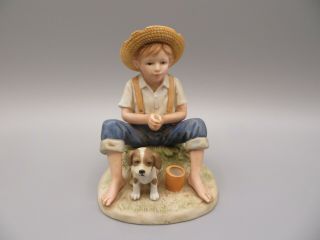 Vintage Homco 1466 Ceramic Figurine Of Boy & Dog Fishing Denim Days