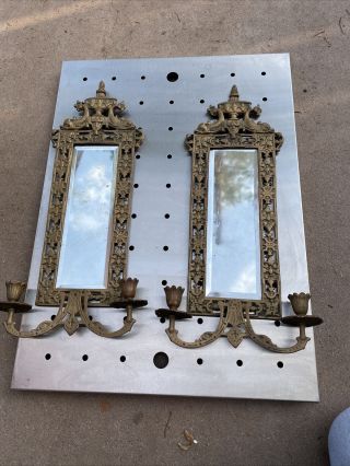 Pair Antique Mirror & Brass Candle Holder Wall Scones Gilt Dolphins 20 X 10”