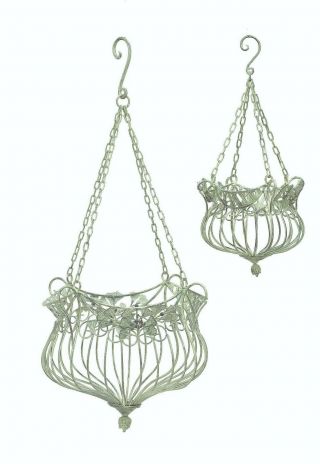 Vintage Style Wrought Iron Hanging Planter Baskets Green Outdoor Decor Art