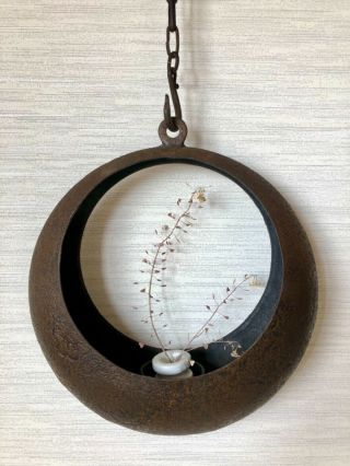 Antique Japanese Kakehana 掛花 Cast Iron Hanging Flower Vase Planter Basket Moon