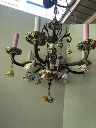 Vintage Italian Capodimonte Style Chandelier 6 Arm Porcelain Flowers Brass