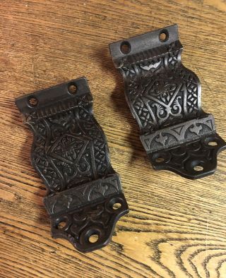 Pair Large Antique Ornate Victorian Cast Iron Stair Rail Brackets By R&e,  1880’s