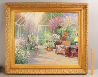 Large Ming Feng Chinese Floral Garden Greenhouse Interior Oil Painting