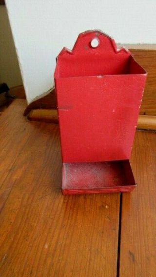 Vintage Antique Tin Metal Wall Mount Match Box Holder - Red Hanging Style