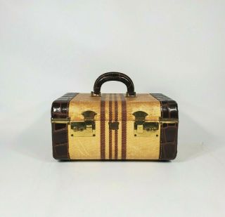 Vintage Striped Tweed Train Makeup Case Gold Brown Suitcase Luggage 1930s 1940s