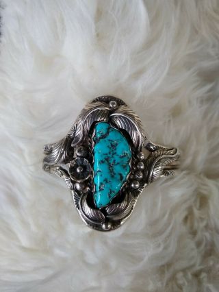 Vintage Signed Navajo Turquoise Nugget Silver Bracelet Cuff " M.  Bahe "