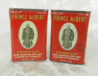 2 Vtg Prince Albert Tins Crimp Cut Pipe Cigarette Tobacco Red Metal Empty 1.  5 Oz