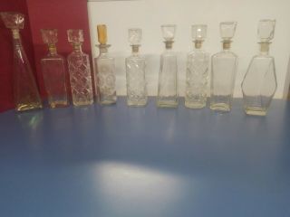 Set Of 9 Vintage Glass Liquor Decanters Clear Glass Bottles W/ Stoppers Art Deco