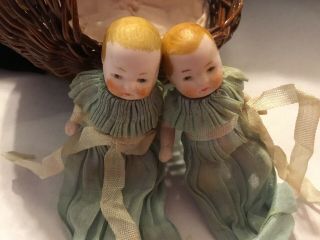 Two Antique 3” German All Bisque Bye Lo Type Twin Babies Dollhouse