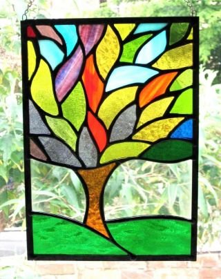 Tree Of Life Stained Glass Art Contemporary Handmade Window Hanging Panel 001