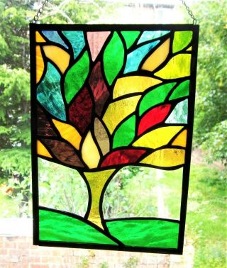 Tree Of Life Stained Glass Art Contemporary Handmade Window Hanging Panel 002