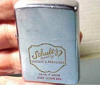 1980 Zippo Vtg Pocket Lighter – “schultz Quality Sausage & Provision” Logo