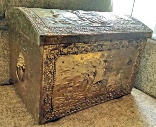 Vtg Embossed Brass Ship Box Wood Kindling Coal Log Fireplace Chest Lion Head