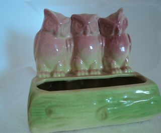 Vintage Three Owl On A Log Planter Flowerpot Fredericksburg Pottery Owls