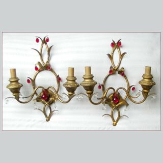 Vintage 60s Italian Gilt Tole Pair Wall Sconce Light Red Drops Prism Shabby Chic