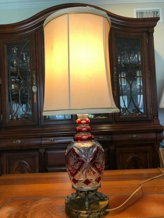 Vintage Hand Cut Lead Burgundy Crystal Brass Germany Table Lamp,  16 " T