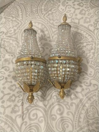 Brass Gold Crystal Prisms 1 Bulb Vintage Wall Sconce Light Fixtures