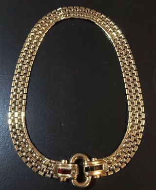 Vtg Givenchy Necklace Gold Tone Panther Link Rhinestones Chunky Red Black 20”