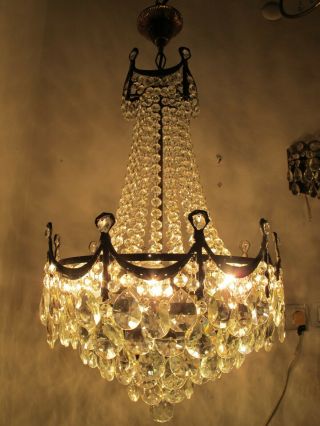 Antique French Big Basket Crystal Chandelier Ceiling Lamp 1940s Hanging Pendant
