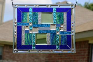 Geometric Beveled Stained Glass Window Panel,  " Ocean Blue " 20.  5x16.  5