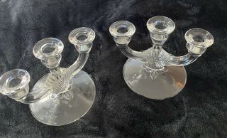 Vintage Pair Clear Glass Candlestick Holders Triple Candelabras Art Deco