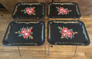 Vintage Shabby Roses Toleware Chic Tv Trays Tables Set Of 4 Wrought Iron