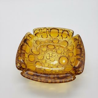 Mcm Blenko Amber Glass Ashtray Pebble Bubble 6” Square Vintage Mod