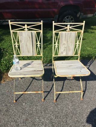 Antique Vintage Cast Iron Folding Outdoor Garden Patio Chair Fleur De Lis Vtg