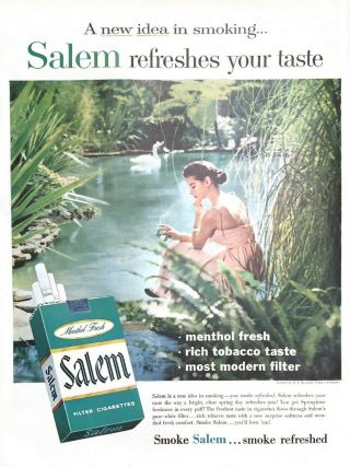 1957 Salem Cigarettes Vintage Print Ad Menthol Fresh Young Woman Swans On Lake
